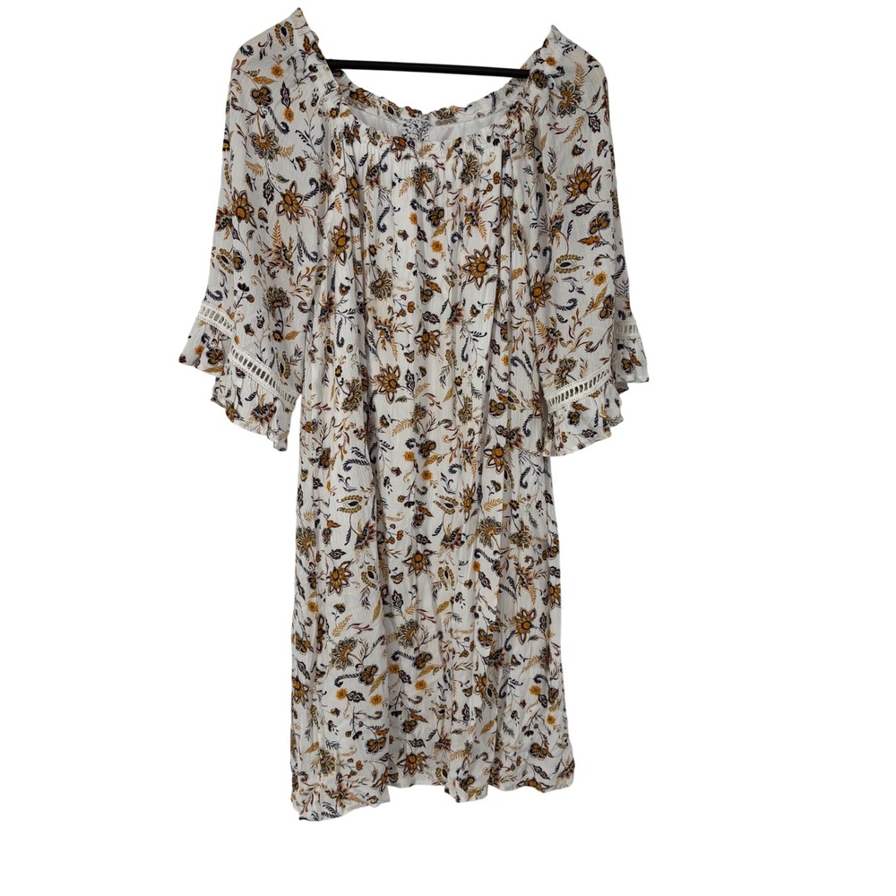 Naif Floral Off the Shoulder Bell Sleeve Lace Trim Boho Mini Dress White L Boho